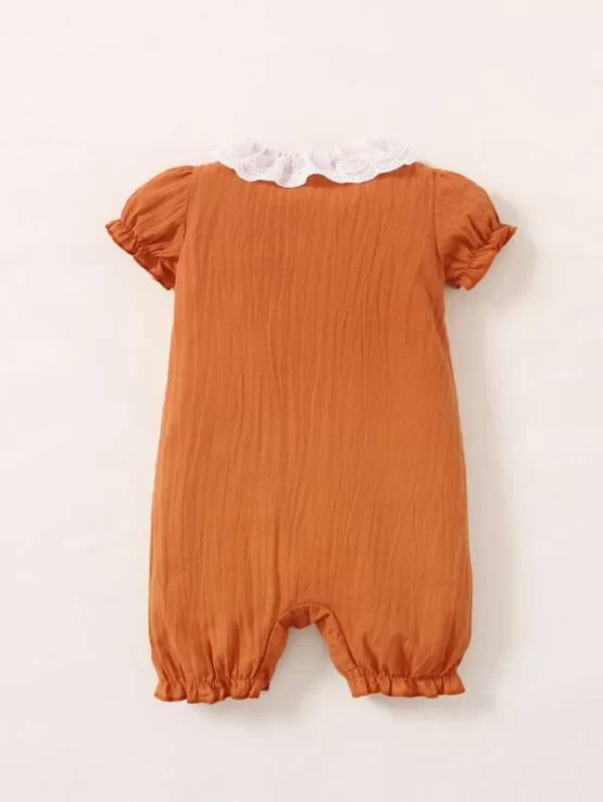 Baby Eyelet Embroidery Puff Sleeve Ruffle Hem Button Front Romper - Image 5