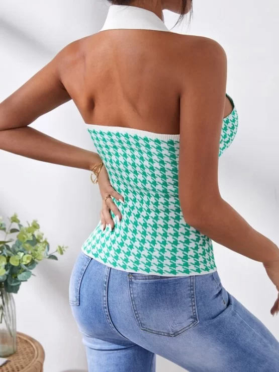 Houndstooth Pattern Half Button Knit Halter Top - Image 2