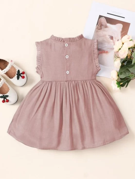 Baby Cartoon Rabbit Print Button Frill Trim Dress - Image 3