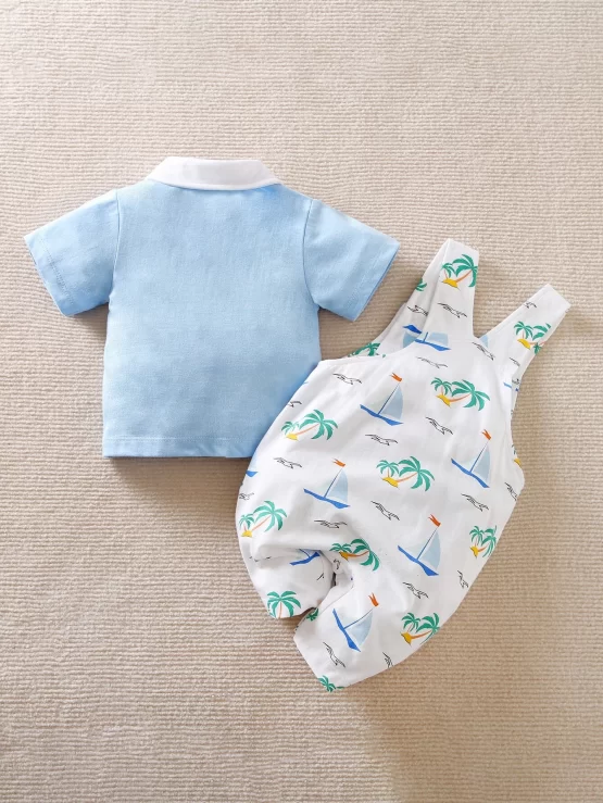 Yierying Baby Contrast Polo Neck Tee & Coconut Tree Print Overall Romper - Image 2