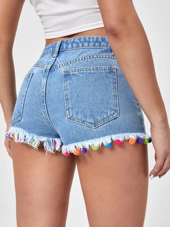 Pompom Pocket Detail Raw Trim Denim Shorts - Image 2