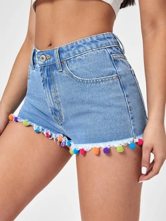 Pompom Pocket Detail Raw Trim Denim Shorts - Image 3