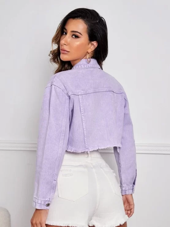 Drop Shoulder Raw Hem Crop Denim Jacket - Image 2