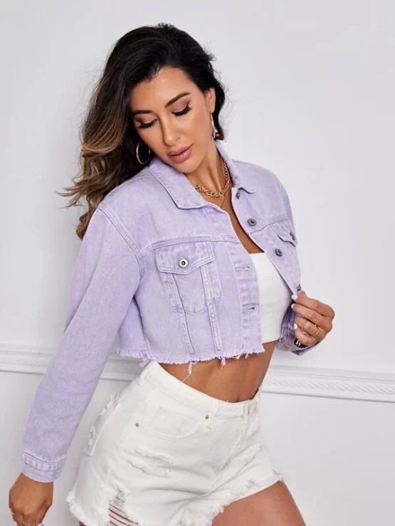 Drop Shoulder Raw Hem Crop Denim Jacket - Image 3