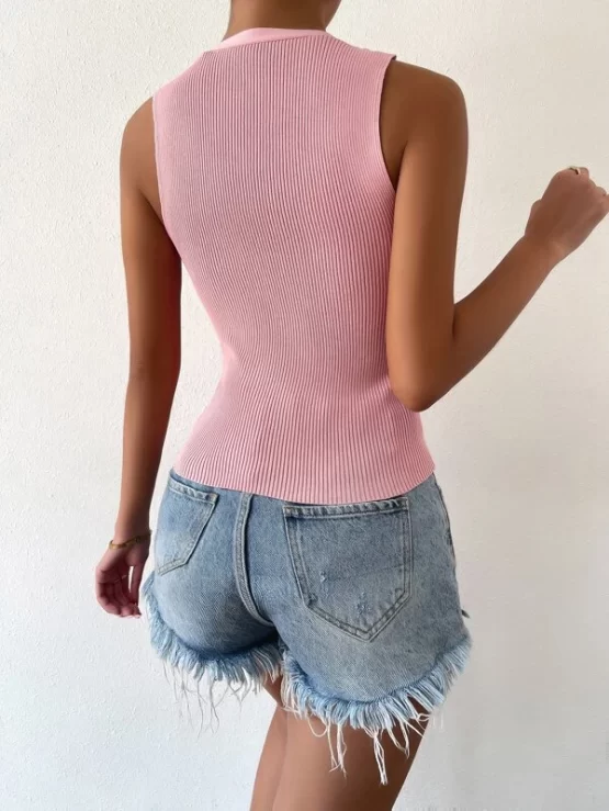 Cut Out Front Button Rib Knit Detail Top - Image 2