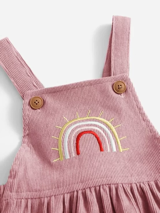 Baby Rainbow Embroidery Ruffle Hem Corduroy Overall Dress - Image 3