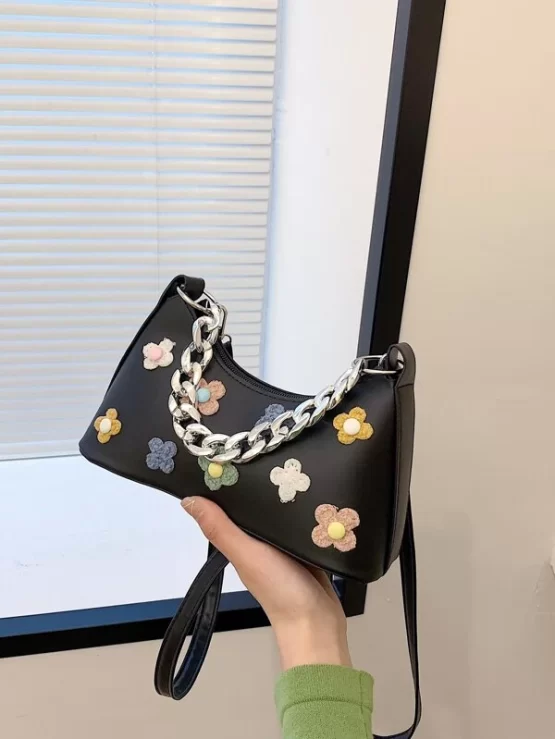 Flower Floral Chain Decor Baguette Bag - Image 2