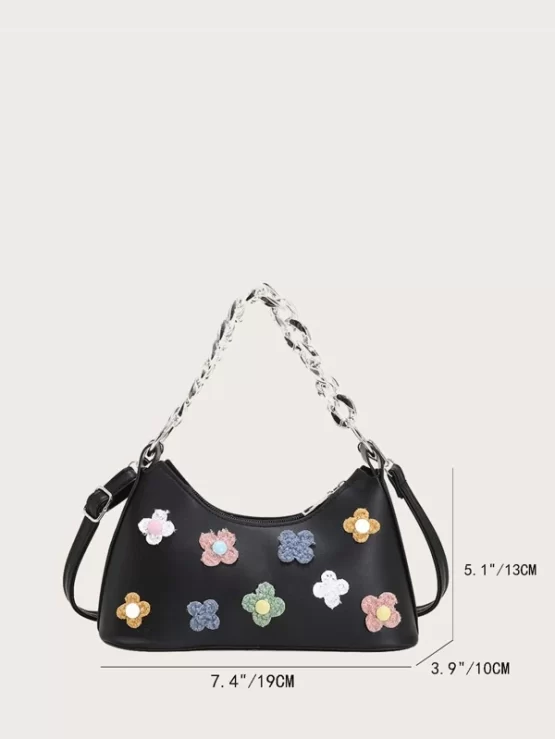 Flower Floral Chain Decor Baguette Bag - Image 3