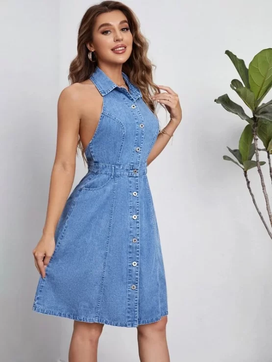 Button Front Halter Denim Backless Dress - Image 2