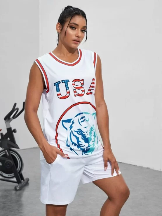 Tiger & Letter Graphic Striped Trim Sports Set - Image 3