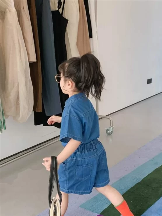 Toddler Girls Drop Shoulder Flap Pocket Denim Blouse & Shorts - Image 3
