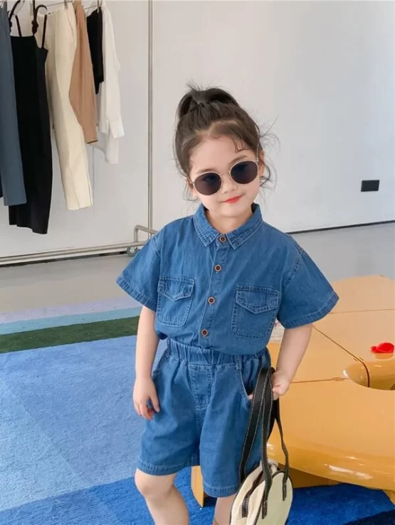 Toddler Girls Drop Shoulder Flap Pocket Denim Blouse & Shorts - Image 2