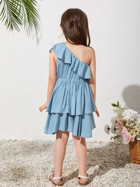 Toddler Girls One Shoulder Tassel Layered Hem Trim Dress - Image 3