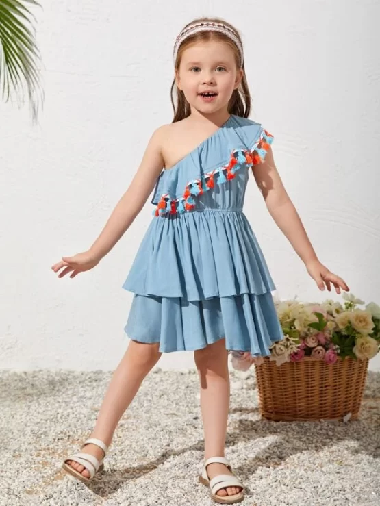 Toddler Girls One Shoulder Tassel Layered Hem Trim Dress - Image 2