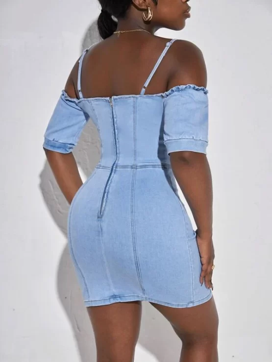 Cold Shoulder Lace Up Front Bustier Denim Bodycon Dress - Image 2