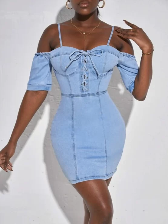 Cold Shoulder Lace Up Front Bustier Denim Bodycon Dress - Image 3
