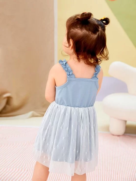 Baby Star & Letter Graphic Frill Trim Contrast Mesh Cami Dress - Image 3