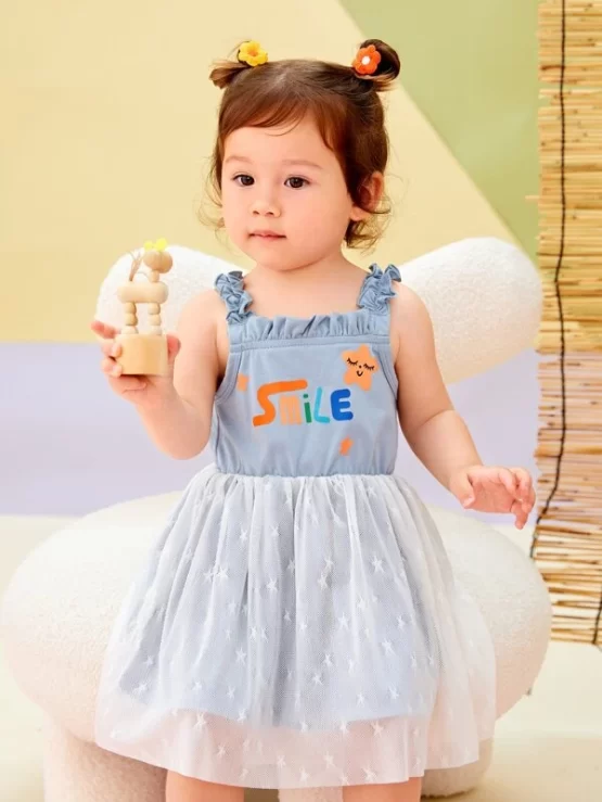 Baby Star & Letter Graphic Frill Trim Contrast Mesh Cami Dress - Image 2