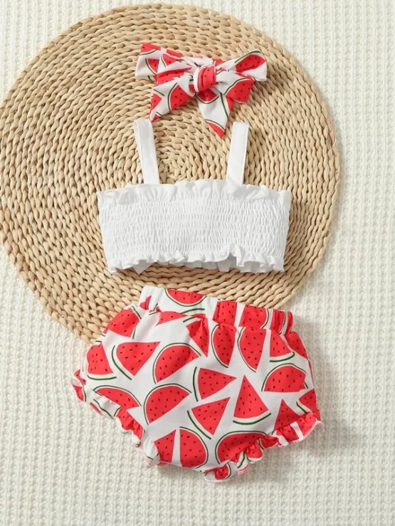 Baby Bow Shirred Frilled Cami Top & Watermelon Print Shorts & Headband - Image 2