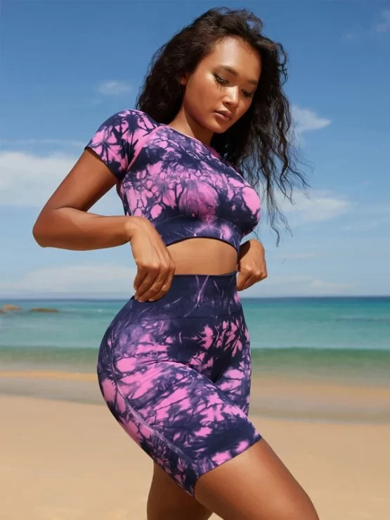 Seamless Tie Dye Cut Out Back Wide Waistband Sports Set - Image 2