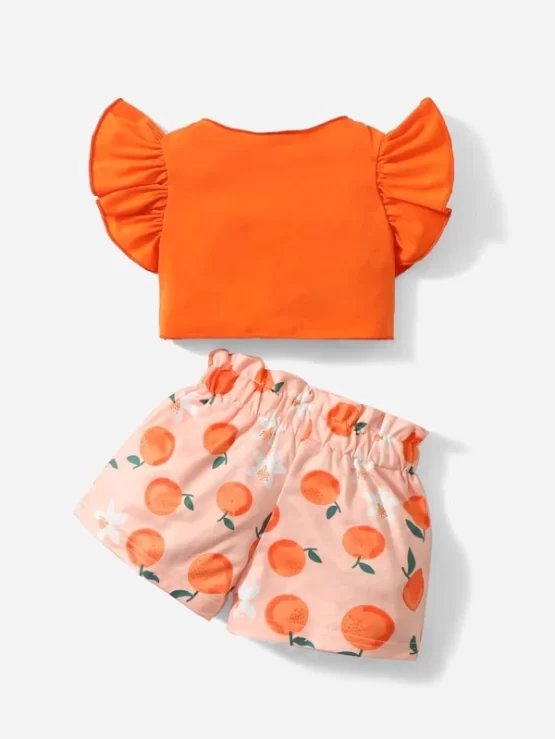 Baby Twist Flutter Sleeve Top & Orange Print Bow Paperbag Waist Shorts - Image 3