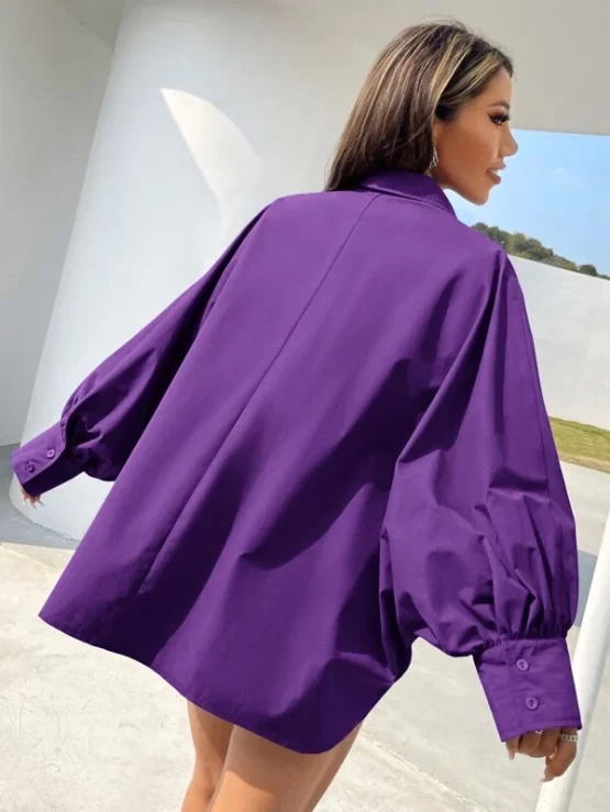 Metal Patched Button Front Detail Dolman Sleeve Blouse - Image 3