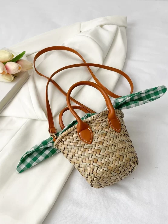 Gingham Print Rhinestone & Knot Straw Decor Bag - Image 2