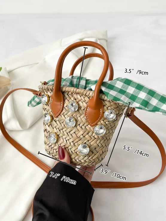 Gingham Print Rhinestone & Knot Straw Decor Bag - Image 3
