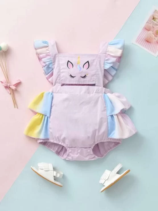 Baby Cartoon Graphic Ruffle Cut Out Trim Bodysuit