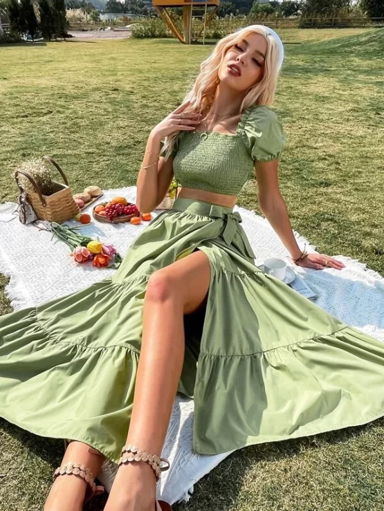 Shirred Puff Sleeve Crop Top & Ruffle Hem Wrap Tie Side Skirt