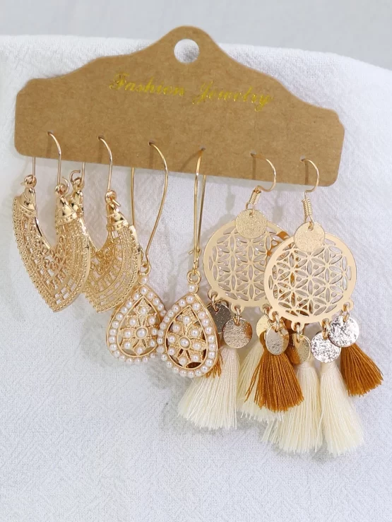 EMERY ROSE 3pairs Tassel & Faux Pearl Decor Drop Earrings - Image 4