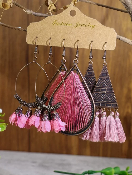 EMERY ROSE 3pairs Flower & Tassel Drop Earrings