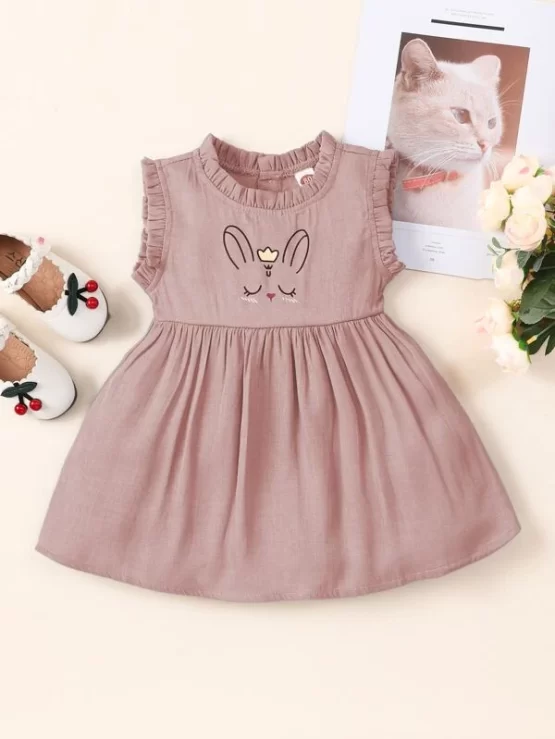 Baby Cartoon Rabbit Print Button Frill Trim Dress - Image 4