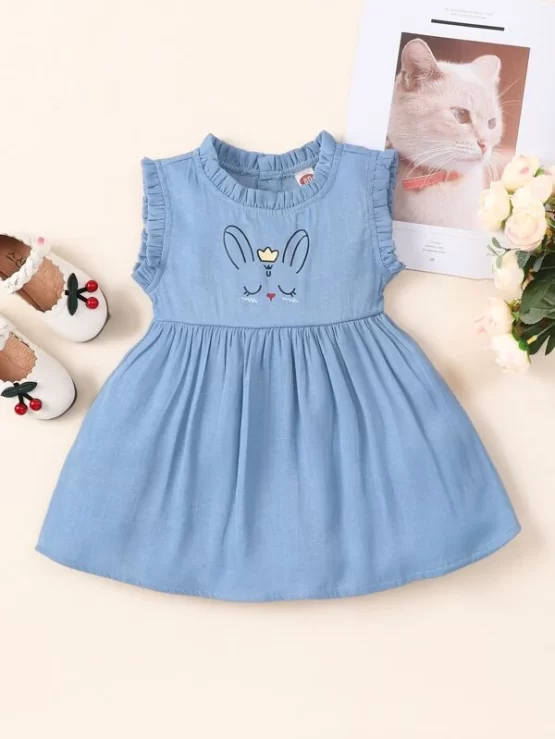 Baby Cartoon Rabbit Print Button Frill Trim Dress - Image 7