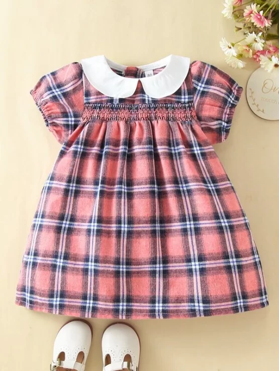Baby Plaid Shirred Waist Peter-pan Collar Puff Sleeve Dress - Image 4