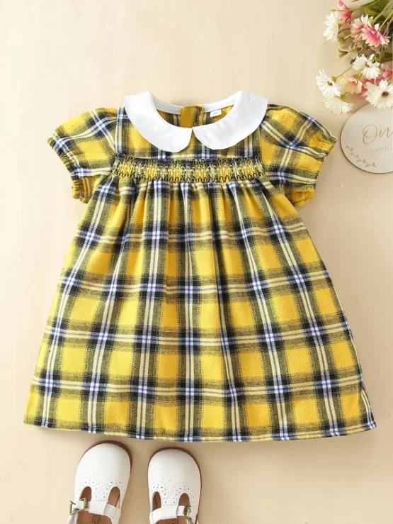 Baby Plaid Shirred Waist Peter-pan Collar Puff Sleeve Dress - Image 7