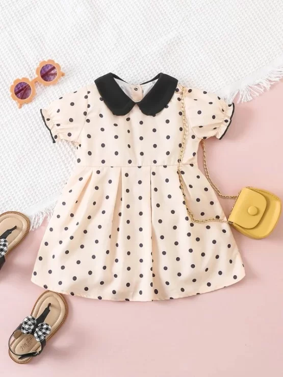 Baby Polka Dot Puff Peter-pan Collar Fold Pleated Hem Sleeve Dress - Image 7