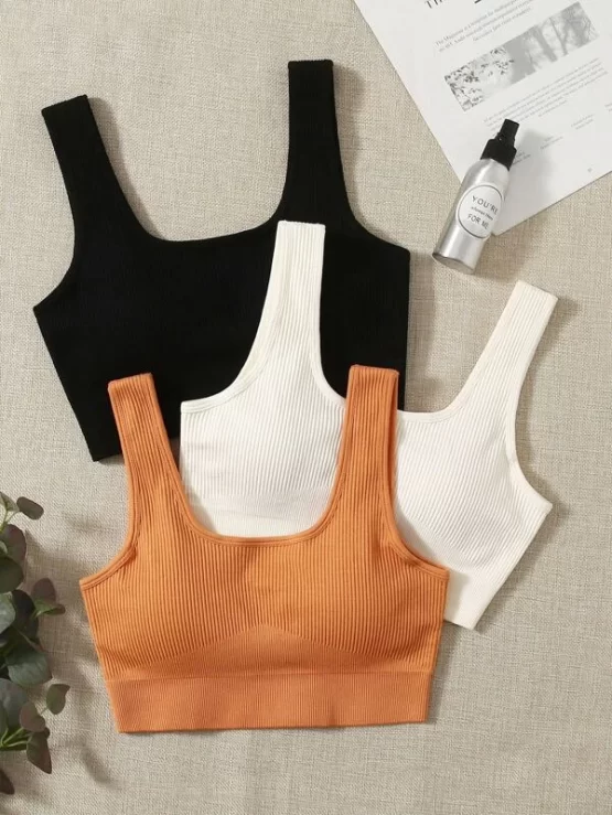 Seamless Breathable 3pcs Ribbed Knit Solid Sports Bra - Image 4