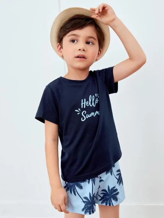 Toddler Boys Letter Graphic Tee & Coconut Tree Print Shorts