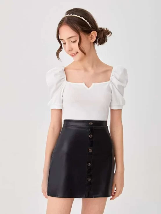 Teen Girls Ribbed Knit Puff Sleeve Top & PU Leather Skirt - Image 7