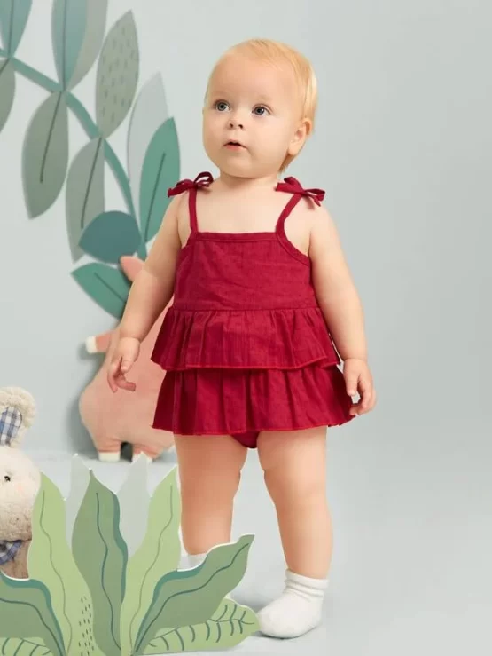 Baby Tie Shoulder Two Layer Hem Bodysuit - Image 4
