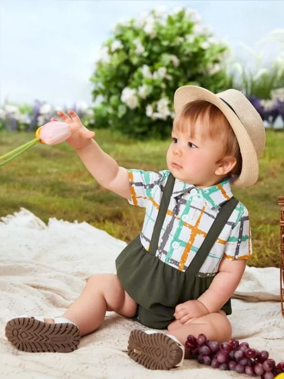 Baby Plaid Collar Button Front 2 In 1 Bodysuit - Image 4
