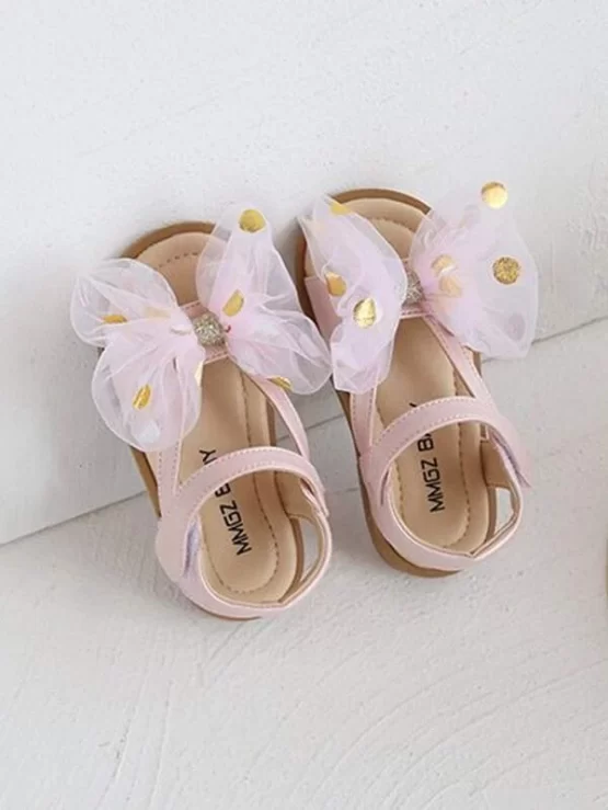 Girls Gold Dobby Mesh Bow Ankle Strap Decor Sandals - Image 4