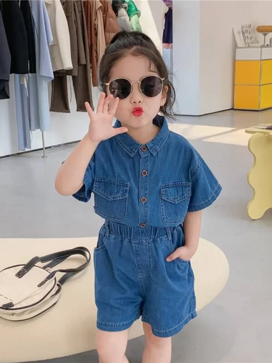Toddler Girls Drop Shoulder Flap Pocket Denim Blouse & Shorts