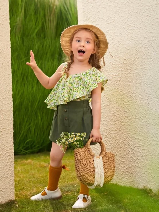 Toddler Girls Floral Print Asymmetrical Neck Ruffle Top & Button Fly Shorts