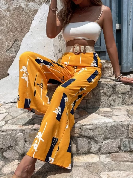 Plants & Geo Print Wide Leg Pants Without Belt