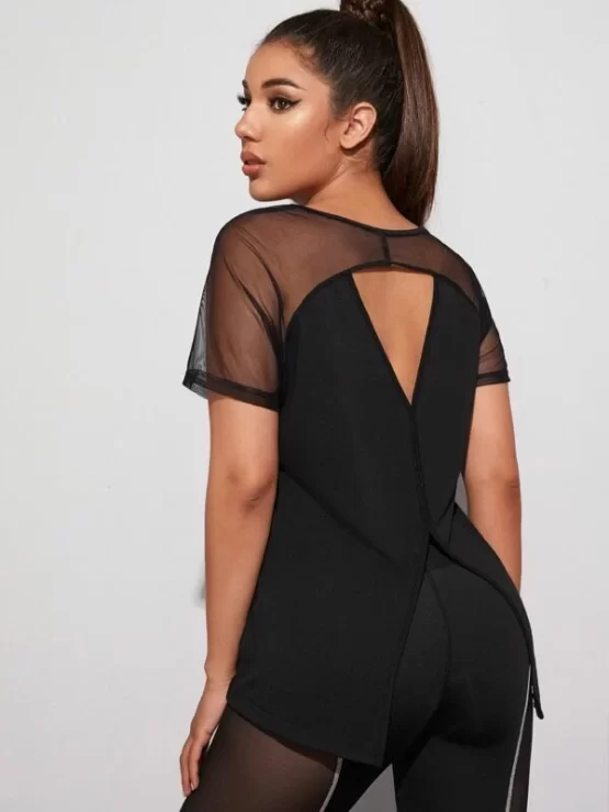 Contrast Mesh Panel Cut Out Sports Back Tee