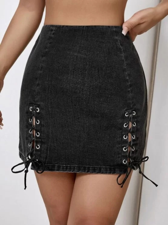 Eyelet Lace Up Mini High Waist Knot Denim Skirt