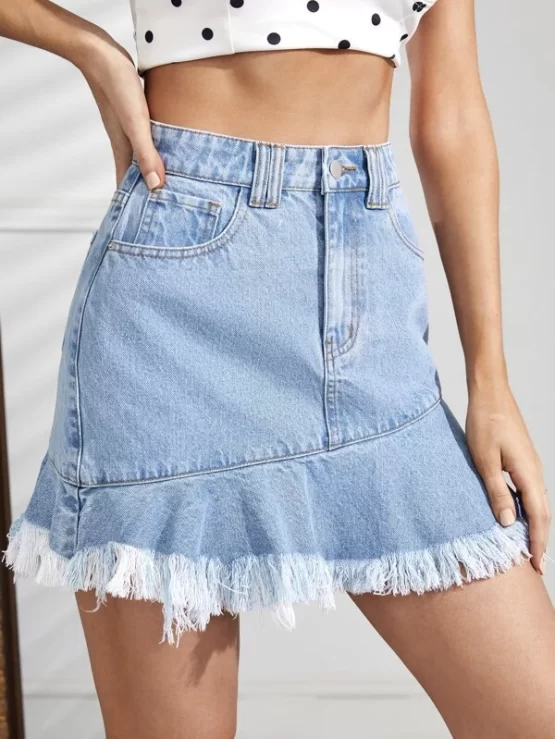 High Waist Fringe Mini Raw Hem Denim Skirt