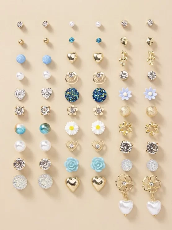 30 pairs Rhinestone & Faux Pearl Stud Decor Earrings - Image 4